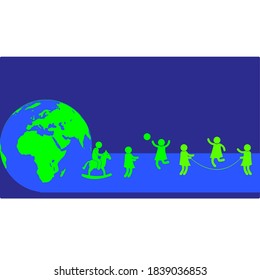 Hintergrundeposter mit einem Bild eines Globus mit Silhouetten von Kindern, die spielen und schreiben