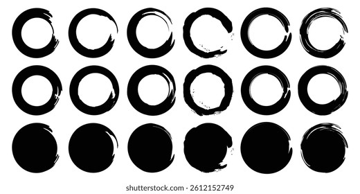 Back grunge circles shapes. Grunge texture. Hand drawn round shape. Watercolor stroke circles. Line vector. Stock image. EPS 10.
