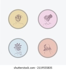 the back of the head of a girl with a beautiful hairstyle. FOUR ROUND ICONS 