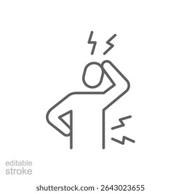 Back and head pain icon Thin line editable stroke symbol showing physical stress symptoms of mental burnout and overwork