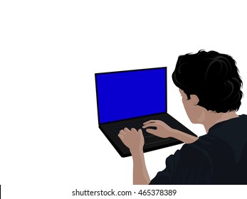 Back Head View Of Concentrated Asian Gamer Playing Game, Using Laptop, Solid White Background, Vector