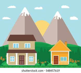 Back To Home, House vector illustration with flat style and mountain landscape