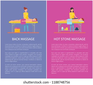 Back and hot stone session of medical massage vector cartoon set. Girl masseur in uniform massaging patient lying on table, posters with text sample