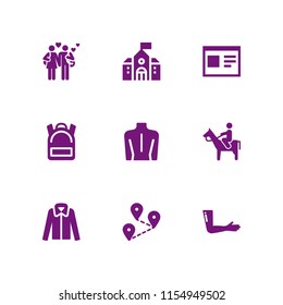 back icon. 9 back set with body part, ride, school and template vector icons for web and mobile app