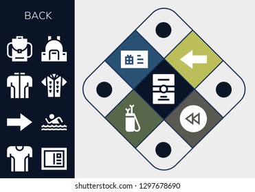  back icon set. 13 filled back icons. Simple modern icons about  - Postcard, Tshirt, Next, Swim, Backpack, Back, Gift card, Arrow, Rewind