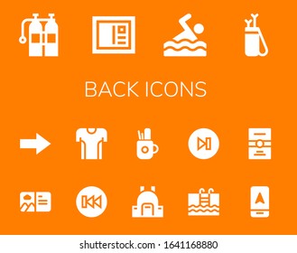 back icon set. 14 filled back icons.  Simple modern icons such as: Oxigen, Postcard, Swimming, Arrow, Next, Previous, Tshirt, Backpack, Pencil case