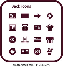 back icon set. 16 filled back icons.  Collection Of - Gift card, Next, Sync, Postcard, Backpack, Tshirt, Backward, Swim, Redo, Previous, Pencil case