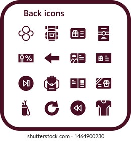 back icon set. 16 filled back icons.  Simple modern icons about  - Sync, Backpack, Gift card, Postcard, Gift voucher, Back, Next, Arrow, Redo, Backward, Tshirt