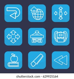 Back icon. set of 9 outline back icons such as backpack, man move, saw, global home, move