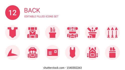 back icon set. Collection of 12 filled back icons included Body, Backpack, Pencil case, Live drive, Postcard, Arrows