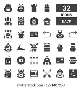 back icon set. Collection of 32 filled back icons included Return, Backpack, Arrows, Postcard, Flip, Back, Body, Pencil case, Live drive, Redo, Undo, Arrow