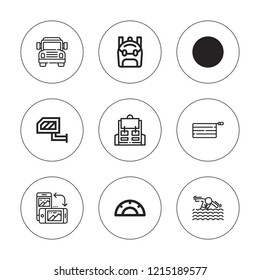 Back icon set. collection of 9 outline back icons with backpack, flip, pencil case, rearview mirror, school bus, protactor icons. editable icons.