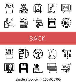 back icon set. Collection of Sleeveless shirt, Acupuncture, American football player, Slimming belt, Sweatshirt, Cash back, Turn, School bag, Resize, No turn, Pencil case icons