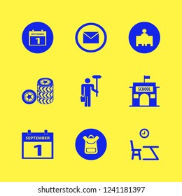 back icon. back vector icons set school book bag, man with paint roller and bucket, first september calendar and teacher