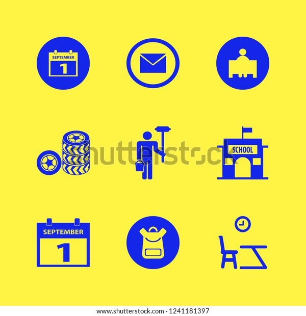 back\
icon. back vector icons set school book bag, man with paint roller\
and bucket, first september calendar and\
teacher