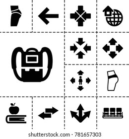 Back icons. set of 13 editable filled back icons such as backpack, chair, man move, move, booty fitness, arrow, back, global home
