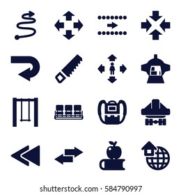 back icons set. Set of 16 back filled icons such as backpack, chair, man move, saw, swing, luggage compartment in airplane, global home, curved arrow, arrow, apple on book