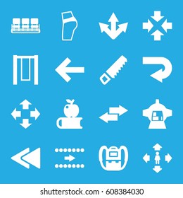 Back icons set. set of 16 back filled icons such as backpack, chair, man move, saw, luggage compartment in airplane, arrow, apple on book, move, swing
