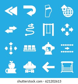 Back icons set. set of 16 back filled icons such as chair, man move, swing, luggage compartment in airplane, global home, curved arrow, arrow, apple on book, move