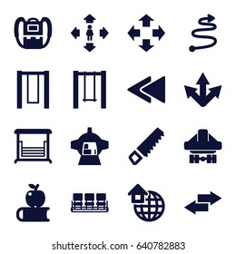 Back icons set. set of 16 back filled icons such as backpack, chair, man move, saw, swing, luggage compartment in airplane, global home, curved arrow, arrow, apple on book