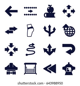 Back icons set. set of 16 back filled icons such as swing, luggage compartment in airplane, global home, curved arrow, arrow, apple on book, move