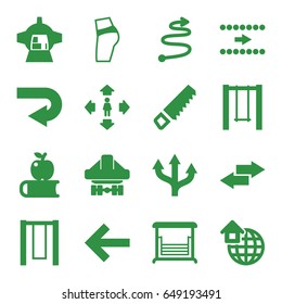 Back icons set. set of 16 back filled icons such as man move, saw, swing, luggage compartment in airplane, global home, curved arrow, arrow, apple on book