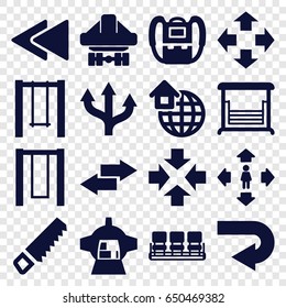 Back icons set. set of 16 back filled icons such as backpack, chair, man move, saw, swing, luggage compartment in airplane, global home, arrow