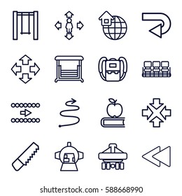 back icons set. Set of 16 back outline icons such as backpack, chair, man move, saw, swing, luggage compartment in airplane, global home, curved arrow, move, apple on book