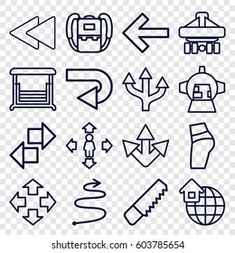 Back icons set. set of 16 back outline icons such as backpack, man move, saw, swing, luggage compartment in airplane, global home, curved arrow, move, arrow