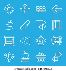 Back icons set. set of 16 back outline icons such as backpack, chair, man move, saw, swing, luggage compartment in airplane, curved arrow, move, apple on book