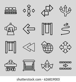 Back icons set. set of 16 back outline icons such as chair, man move, swing, luggage compartment in airplane, global home, curved arrow, move