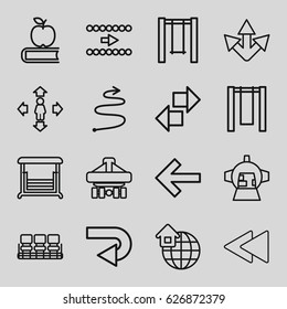 Back icons set. set of 16 back outline icons such as chair, man move, swing, luggage compartment in airplane, global home, curved arrow, apple on book