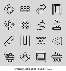 Back icons set. set of 16 back outline icons such as chair, saw, swing, global home, curved arrow, move, apple on book