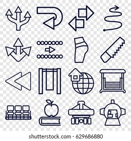 Back icons set. set of 16 back outline icons such as chair, saw, swing, luggage compartment in airplane, global home, curved arrow, apple on book, arrow