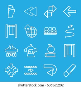 Back icons set. set of 16 back outline icons such as chair, saw, swing, luggage compartment in airplane, global home, curved arrow, move, apple on book, arrow