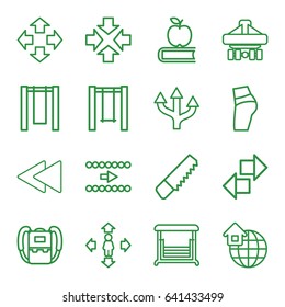Back icons set. set of 16 back outline icons such as backpack, man move, saw, swing, global home, move, apple on book, arrow