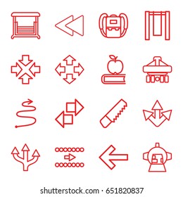 Back icons set. set of 16 back outline icons such as backpack, saw, swing, luggage compartment in airplane, curved arrow, move, apple on book