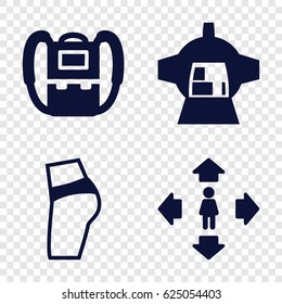 Back icons set. set of 4 back filled icons such as backpack, man move, luggage compartment in airplane