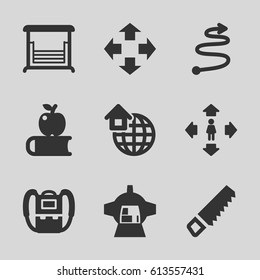 Back icons set. set of 9 back filled icons such as backpack, man move, saw, swing, luggage compartment in airplane, global home, curved arrow, apple on book