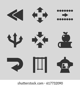 Back icons set. set of 9 back filled icons such as swing, luggage compartment in airplane, arrow, apple on book