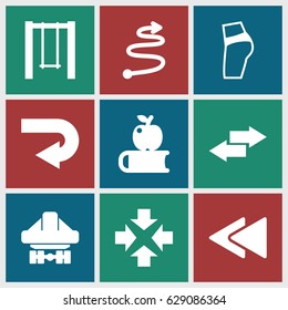 Back icons set. set of 9 back filled icons such as swing, curved arrow, arrow, apple on book, move