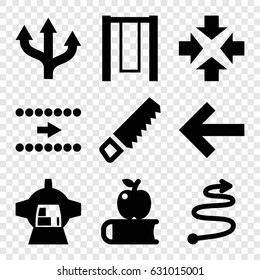 Back icons set. set of 9 back filled icons such as saw, luggage compartment in airplane, curved arrow, arrow, apple on book, move, swing