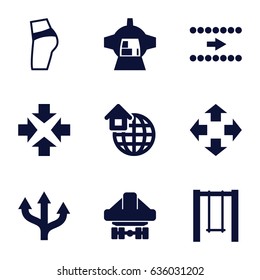 Back icons set. set of 9 filled icons such as swing, cargo plane back view, luggage compartment in airplane, global home, arrow, move