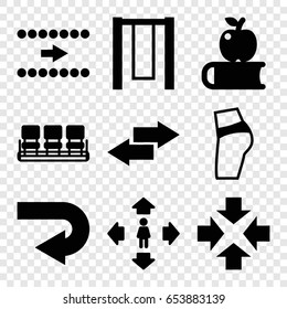 Back icons set. set of 9 back filled icons such as chair, man move, arrow, apple on book, back arrow, move, swing