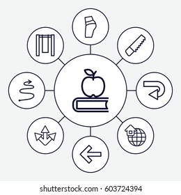 Back icons set. set of 9 back outline icons such as saw, global home, curved arrow, apple on book, swing, arrow