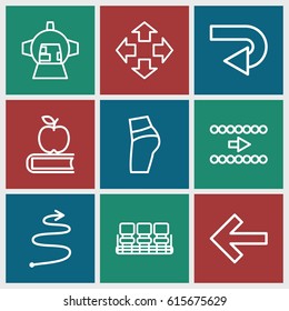 Back icons set. set of 9 back outline icons such as chair, luggage compartment in airplane, curved arrow, move, apple on book, arrow