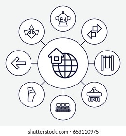Back icons set. set of 9 back outline icons such as chair, luggage compartment in airplane, global home, swing, arrow