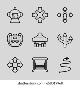 Back icons set. set of 9 back outline icons such as backpack, man move, swing, cargo plane back view, luggage compartment in airplane, curved arrow, move