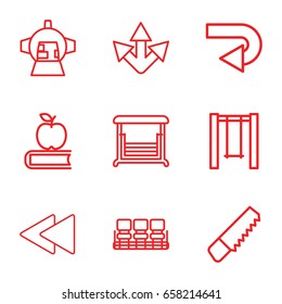 Back icons set. set of 9 back outline icons such as chair, saw, swing, luggage compartment in airplane, apple on book