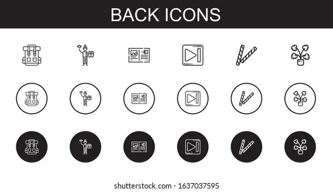 back icons set. Collection of back with rucksack, massage therapist, postcard, next, decorative. Editable and scalable back icons.